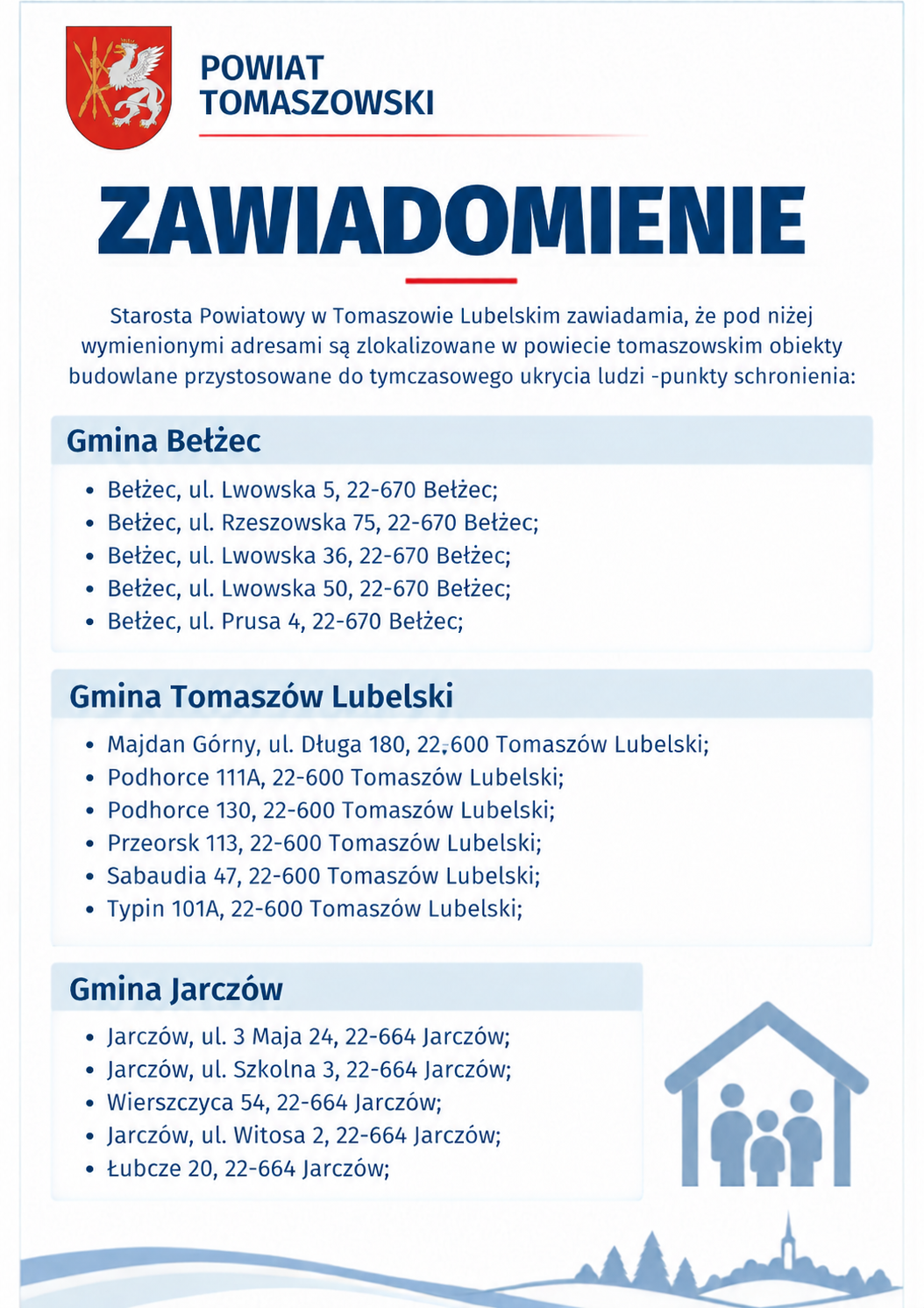 Oficjalny wykaz punktów schronienia w powiecie tomaszowskim — plansza 1 z 5