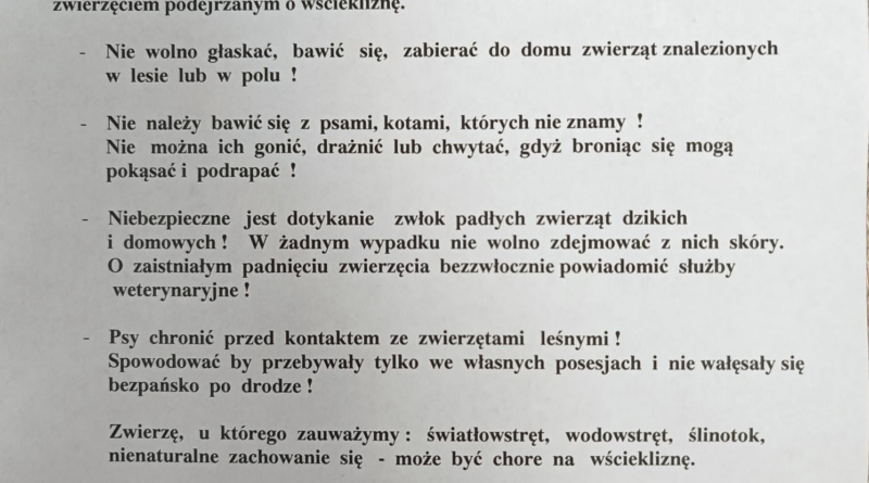 Komunikat Państwowego Powiatowego Inspektora Sanitarnego w Tomaszowie Lubelskim o przypadku wścieklizny u lisa w Żurawcach