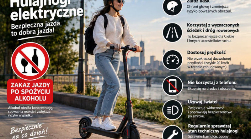 Hulajnogi elektryczne – grafika informacyjna o bezpiecznej jeździe, kasku, prędkości i zakazie alkoholu